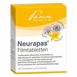 Packung von Neurapas Filmtabletten mit pflanzlichen Inhaltsstoffen wie Baldrian und Johanniskraut, Behandlung seelischer Verstimmungen.