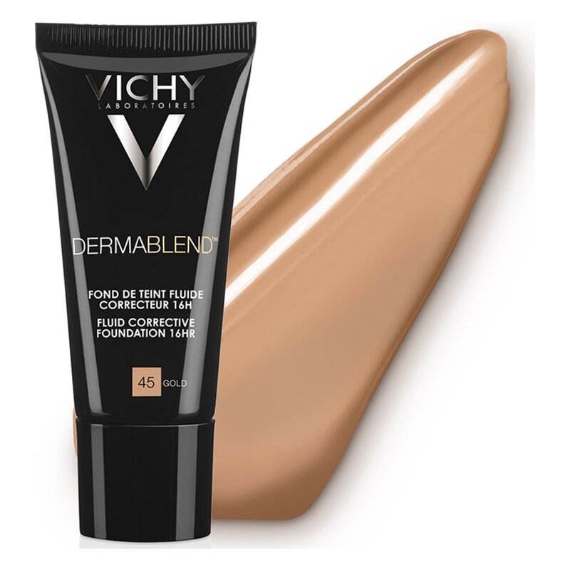 Flüssige Grundierung in schwarzer Verpackung mit goldenen Akzenten und einer beige-farbigen Textur daneben.