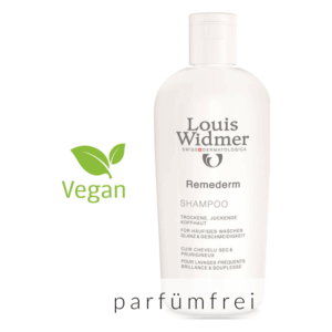 Flasche mit Remederm Shampoo von Louis Widmer, vegan und parfümfrei, für trockene, juckende Kopfhaut.