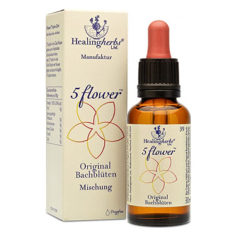 Braune Glasflasche mit Pipette und verpackt in einer hellen Kartonbox, beschriftet mit "5 flower" und "Original Bachblüten Mischung".