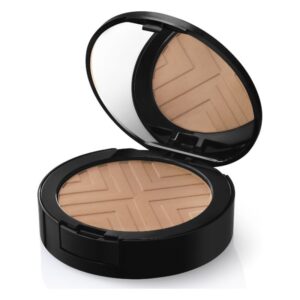 Kompakter Bronzer in einer runden, schwarzen Verpackung mit Spiegel und geprägtem Muster auf der Puderoberfläche.
