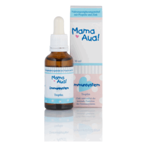 Braune Flasche mit Pipette, beschriftet mit "Mama Aua! Immunssystem", begleitet von einer farbigen Verpackung.