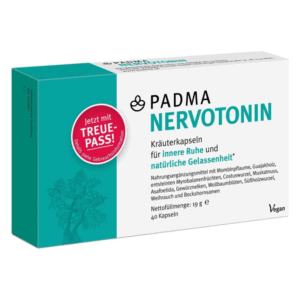 Verpackung der PADMA NERVOTONIN Kräuterkapseln für innere Ruhe und Gelassenheit, vegan, mit Zutatenliste.