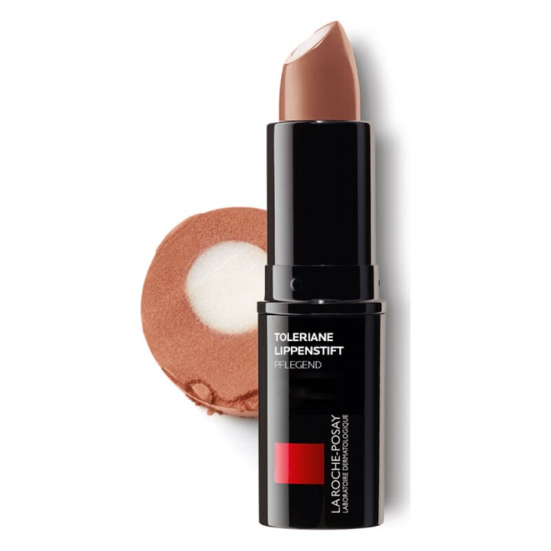 Ein Lippenstift in einem schwarzen Gehäuse, farblich passend zu einer runden, braunen Verpackung.