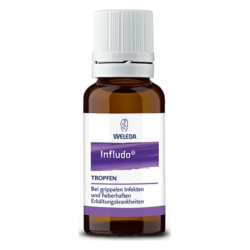 Braune Glasflasche mit weißen Schraubverschluss, Weleda Infludo Tropfen zur Unterstützung bei grippeähnlichen Infekten.