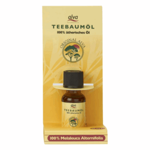 Flasche mit Teebaumöl in einer gelben Verpackung, mit schwarzem Deckel und Informationen zur Nutzung.