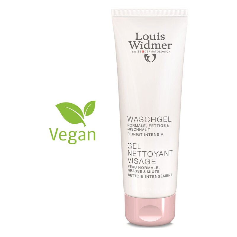 Röhrenförmiges Waschgel für normale, fettige und Mischhaut in weißer Verpackung mit leicht rosa Deckel.