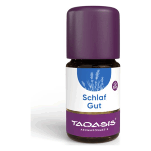 Braune Flasche mit lila Deckel, beschriftet mit 'Schlaf Gut' und Markenlogo, enthält Bio-Aromastoffe.