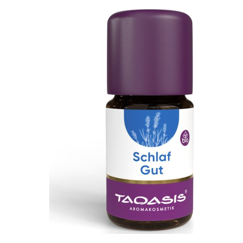 Braune Flasche mit lila Deckel, beschriftet mit 'Schlaf Gut' und Markenlogo, enthält Bio-Aromastoffe.