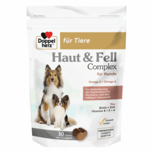 Verpackung von Haut & Fell Complex für Hunde mit zwei abgebildeten Hunden, Inhalt für Hautfunktion und Haarausfall.