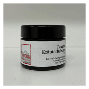 Schwarzer Tiegel mit Schraubverschluss, Inhalt: Tauern Kräuterbalsam, Anwendung bei Muskelschmerzen.