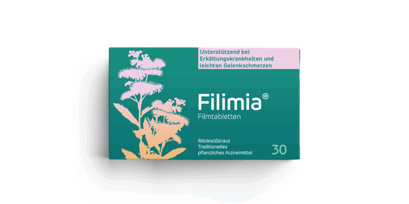 Verpackung von Filimia Filmtabletten mit Pflanzenmotiven, unterstützt bei Erkältungen und Gelenkschmerzen.