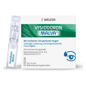 Verpackung von Weledas Visiodoron Malva, Augentropfen für trockene Augen, in einer Box mit 20 Einzeldosen.