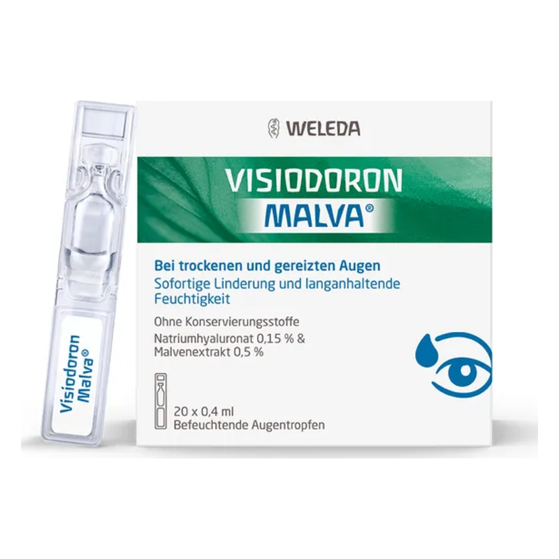 Verpackung von Weledas Visiodoron Malva, Augentropfen für trockene Augen, in einer Box mit 20 Einzeldosen.