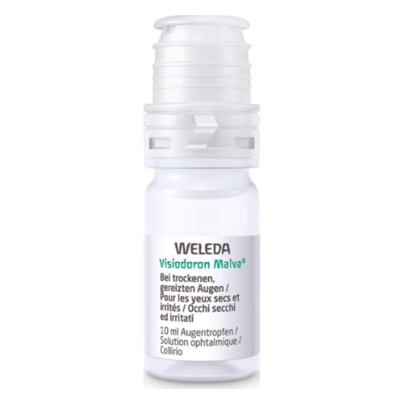 Weleda Visiodoron Malva Augentropfen in einer durchsichtigen Flasche mit Sprühverschluss und mehrsprachiger Beschreibung.