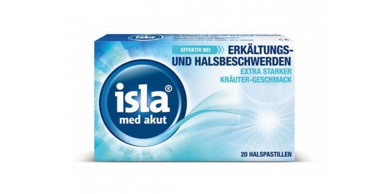 Verpackung von Isla med akut Halspastillen mit Hinweis auf Erkältungs- und Halbbeschwerden, extra starker Kräutergeschmack.