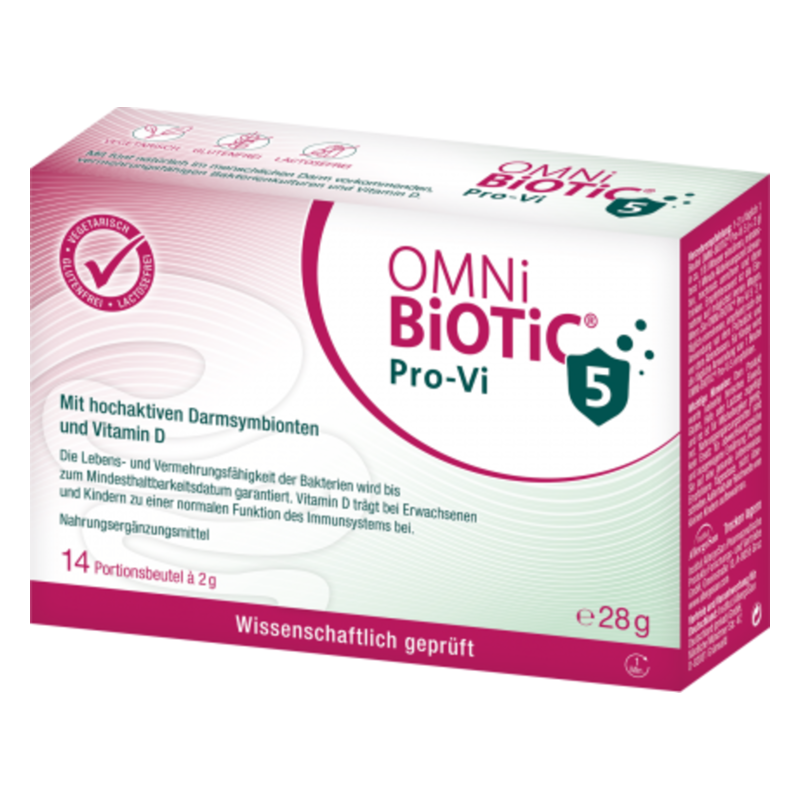 Verpackung von OMNi-BiOTiC Pro-Vi, enthält hochaktive Darmsymbionten und Vitamin D, 14 Portionsbeutel à 2 g.