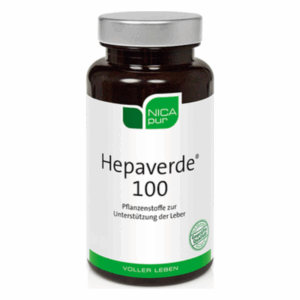 Dunkle Flasche mit Schraubverschluss, etikettiert mit "Hepaverde 100" zur Unterstützung der Leber.