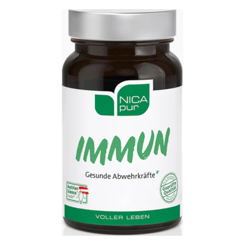 Braune Glasflasche mit Schraubverschluss und Etikett, das "IMMUN" für gesunde Abwehrkräfte zeigt.