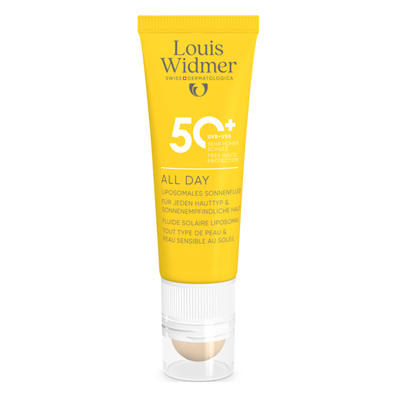 Liposomales Sonnenfluid von Louis Widmer in einer gelben Tube mit hoher UV-Schutzangabe.
