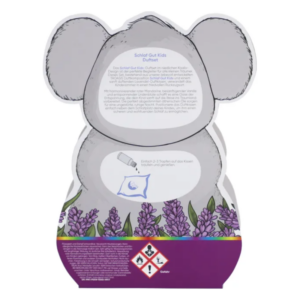 Rückseite einer koalafarbenen Verpackung für Schlaf Gut Kids Duftset, mit Anwendungshinweisen und Warnsymbolen.