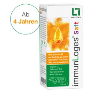 Verpackung des immunLoges Saftes mit orangefarbener Flüssigkeitsdarstellung und Hinweisen zu Inhaltsstoffen und Anwendung.