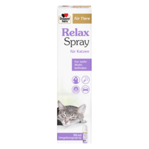 Verpackung des Doppelherz Relax Sprays für Katzen, 90 ml, zur Förderung des Wohlbefindens, mit abgebildeter schlafender Katze.