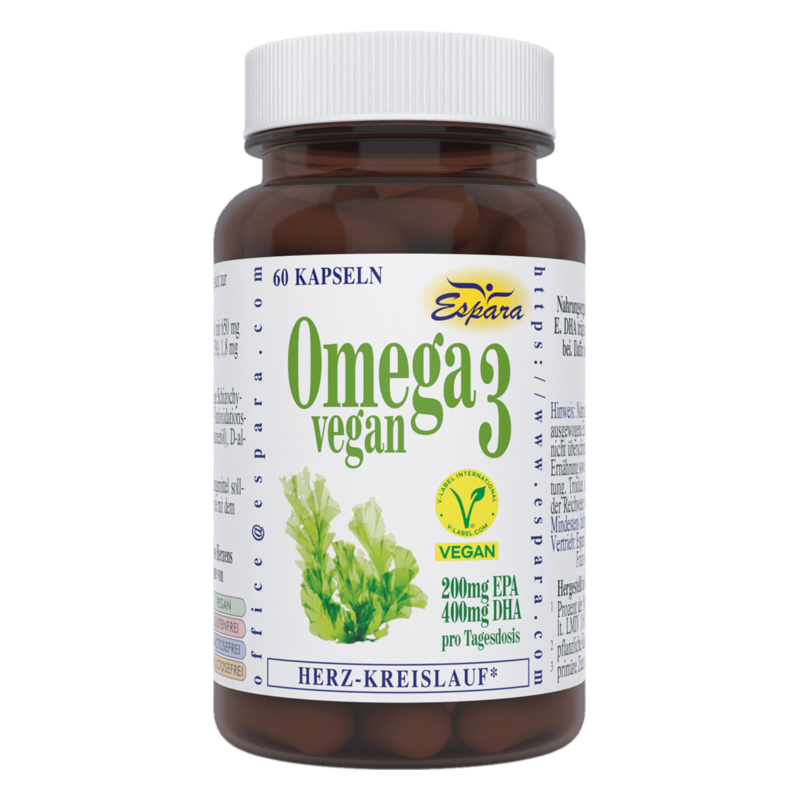 Braune Kunststoffflasche mit 60 veganen Omega-3-Kapseln und grünem Aufdruck.