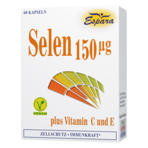 Verpackung von Selen 150 µg Kapseln, ergänzt mit Vitamin C und E, vegane Formel, 60 Kapseln.