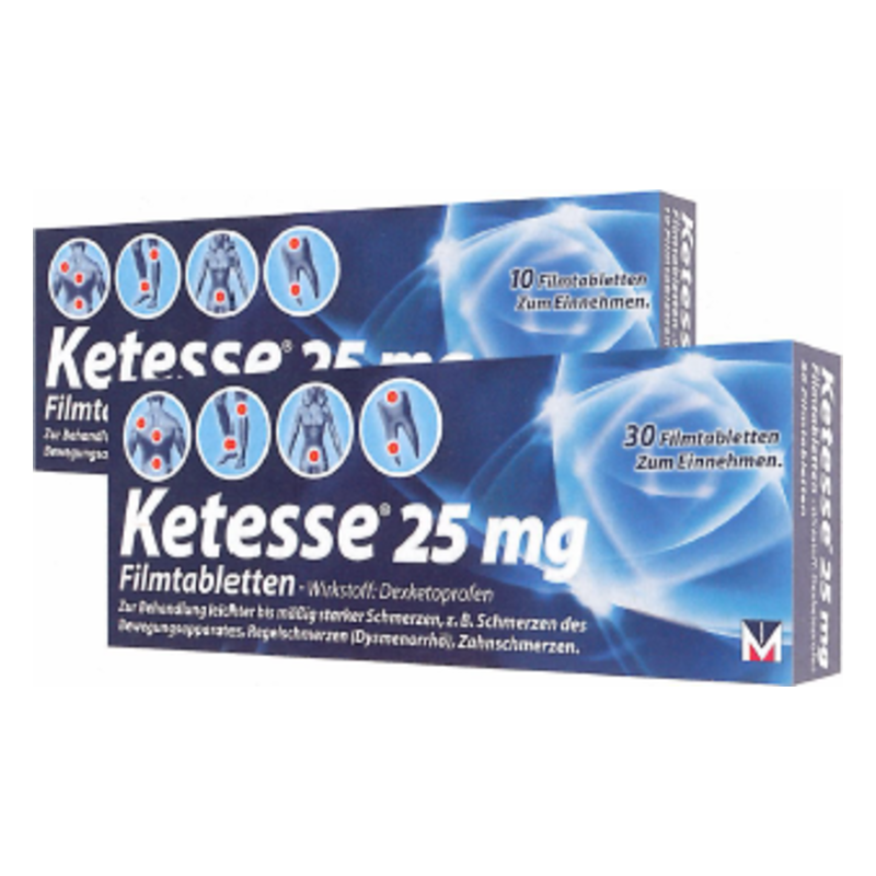 Zwei Verpackungen von Ketesse 25 mg Filmtabletten, eines mit 10 und eines mit 30 Tabletten, zur Schmerzlinderung.