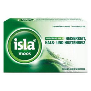 Verpackung von Isla Moos Halspastillen zur Linderung von Heiserkeit und Halsreiz, in grüner Box.