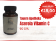 Brauner Glasbehälter mit Schraubverschluss für Acerola Vitamin C, Preis 15,00 €, 60 Kapseln.
