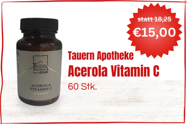 Brauner Glasbehälter mit Schraubverschluss für Acerola Vitamin C, Preis 15,00 €, 60 Kapseln.