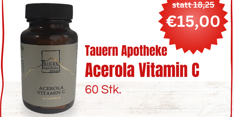 Acerola_C.png Brauner Glasbehälter mit Schraubverschluss für Acerola Vitamin C, Preis 15,00 €, 60 Kapseln.