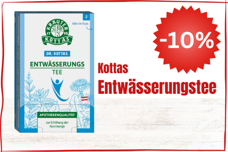 Verpackung von Kottas Entwässerungstee mit Pflanzenmotiven und Rabattangebot in rot.