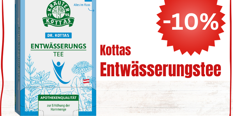 Verpackung von Kottas Entwässerungstee mit Pflanzenmotiven und Rabattangebot in rot.