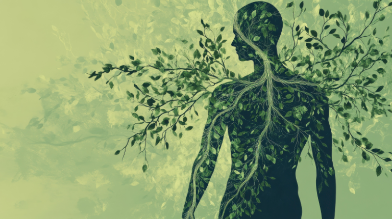 Menschliche Silhouette mit verzweigten Pflanzen und Blättern, die organisch miteinander verschmelzen.