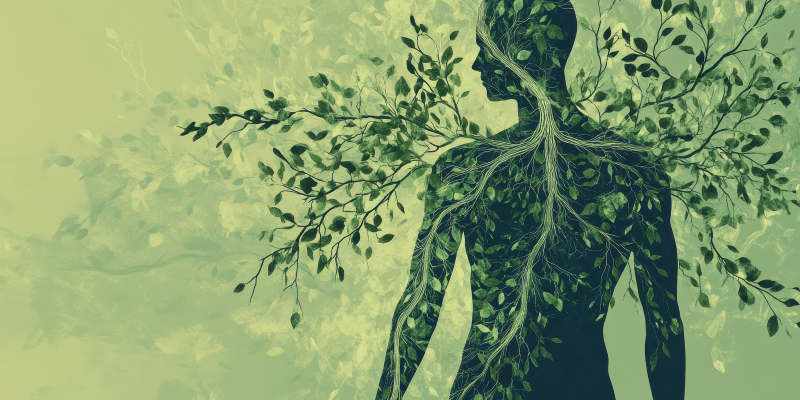 Lymphsystem.png Menschliche Silhouette mit verzweigten Pflanzen und Blättern, die organisch miteinander verschmelzen.