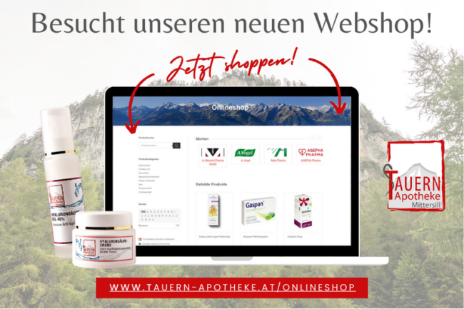 Webshop-Anzeige der Tauern Apotheke mit einem Laptop, Pflegeprodukten und Berglandschaft im Hintergrund.