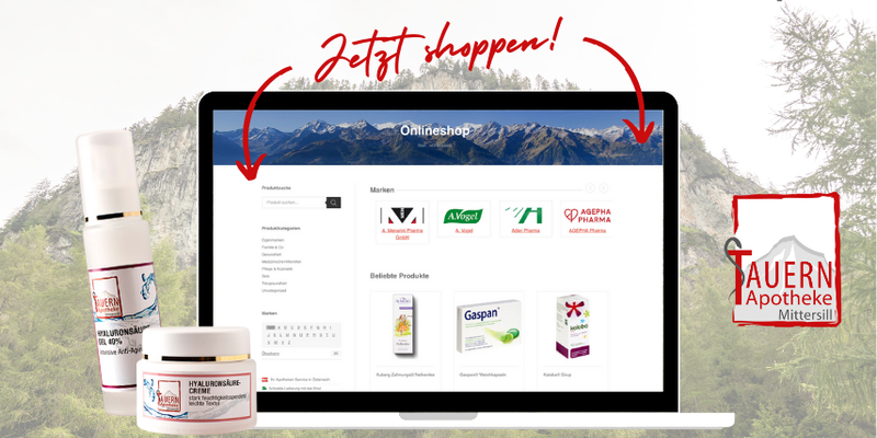 Webshop-Anzeige der Tauern Apotheke mit einem Laptop, Pflegeprodukten und Berglandschaft im Hintergrund.