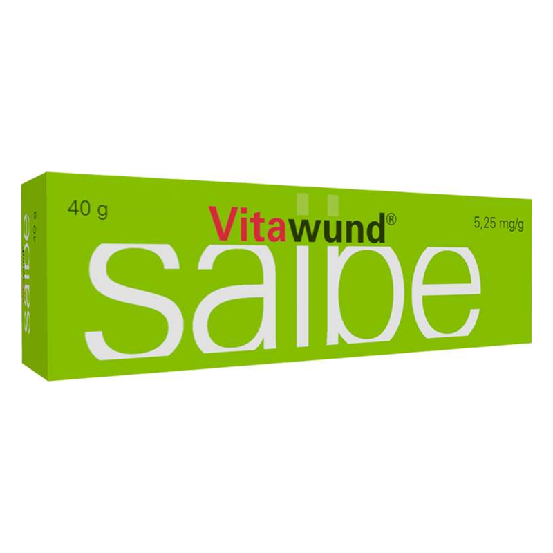 Verpackung einer Wundsalbe mit grünem Design und großen, klaren Schriftzügen.