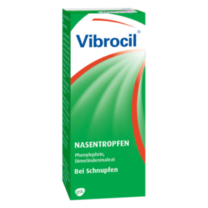 Verpackung von Vibrocil Nasentropfen, grün mit weißen und roten Akzenten, zur Linderung von Schnupfen.