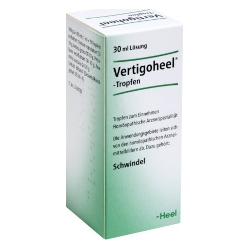 Grüne Packung mit weißen und schwarzen Schriftzügen für Vertigoheel Tropfen, 30 ml zur Behandlung von Schwindel.