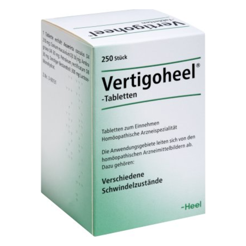 Verpackung von Vertigoheel-Tabletten, homöopathisches Mittel zur Behandlung von Schwindel, in einer Kartonbox.