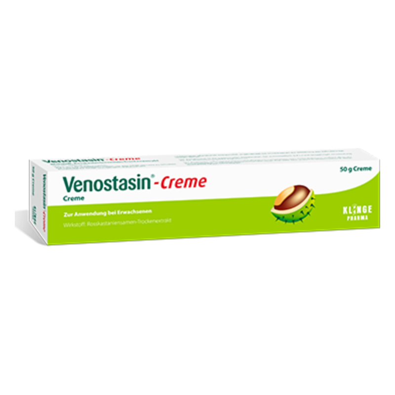 Verpackung der Venostasin-Creme mit grün-weißer Farbgestaltung und Abbildung einer Kastanie.