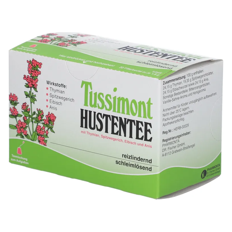 Verpackung von Tussimont HUSTENTEE, die Thymian, Spitzwegerich, Eibisch und Anis enthält.