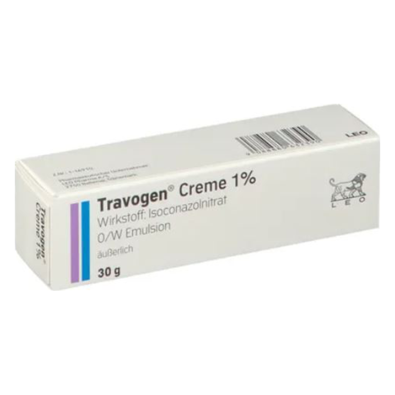 Verpackung von Travogen Creme 1%, enthält Isoconazolnitrat, 30 g, in weißer Box mit lila und blauer Kennzeichnung.