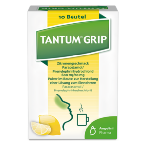 Verpackung von Tantum Grip, einem Pulver in Beuteln mit Zitronengeschmack zur Herstellung einer Lösung zum Einnehmen.