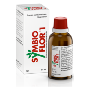 Braune Tropfflasche mit rot-weißer Kappe und Pappschachtel, bezeichnet mit SYMBIO FLOR 1, 50 ml Inhalt.