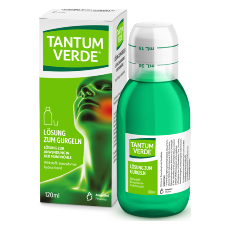 Grüne Gurgellösung in einem transparenten Fläschchen mit einer weißen Kappe, verpackt in einer farbigen Box mit Beschreibung.